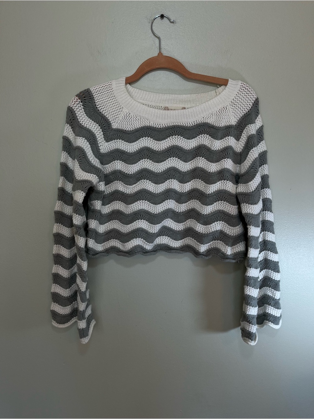 Altar'd State Gray and White Striped Crochet Crewneck